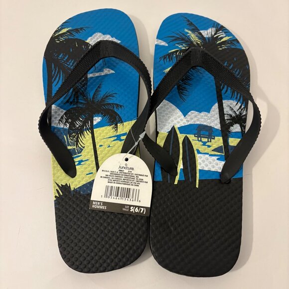 Juncture Mens NEW w‎ Tag Flip Flops Size S(6/7) Beach Print Black & Blue Sandals - Picture 5 of 6